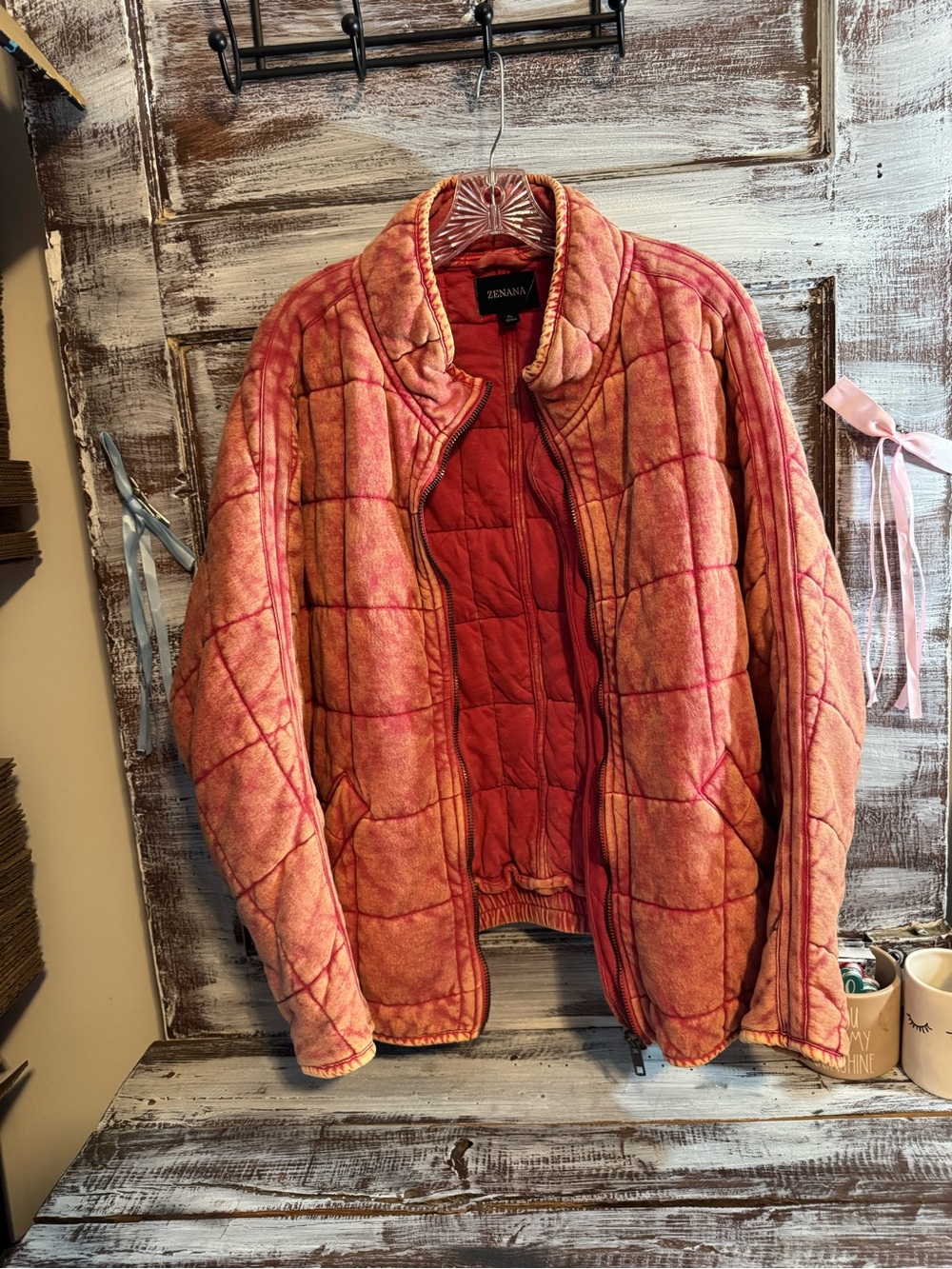 Zenana Outfitters Quilted Pink Acid Washed Puffer Jacket